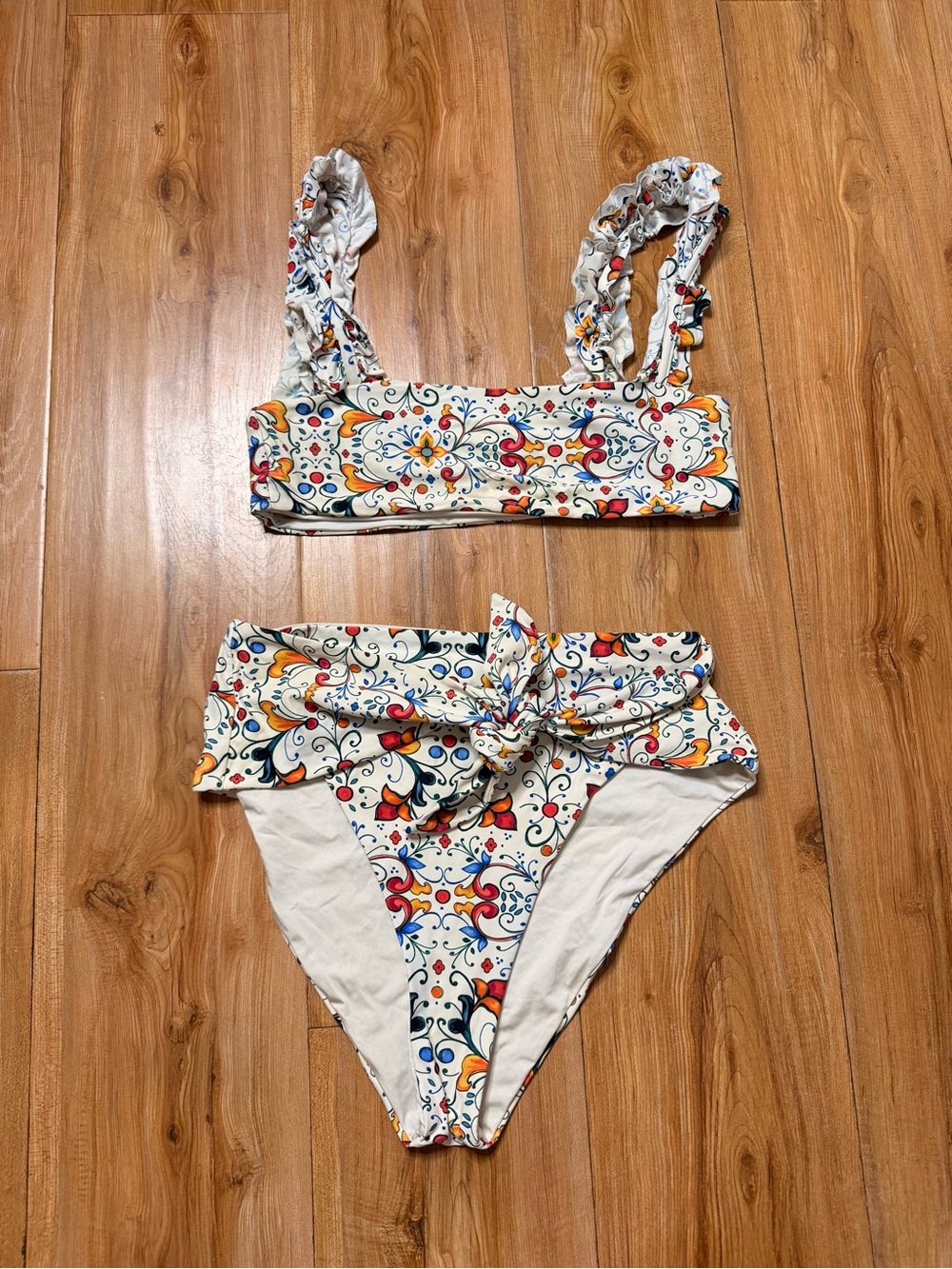 Onia Floral Print Ruffled Strap Bikini in White, Orange, Blue